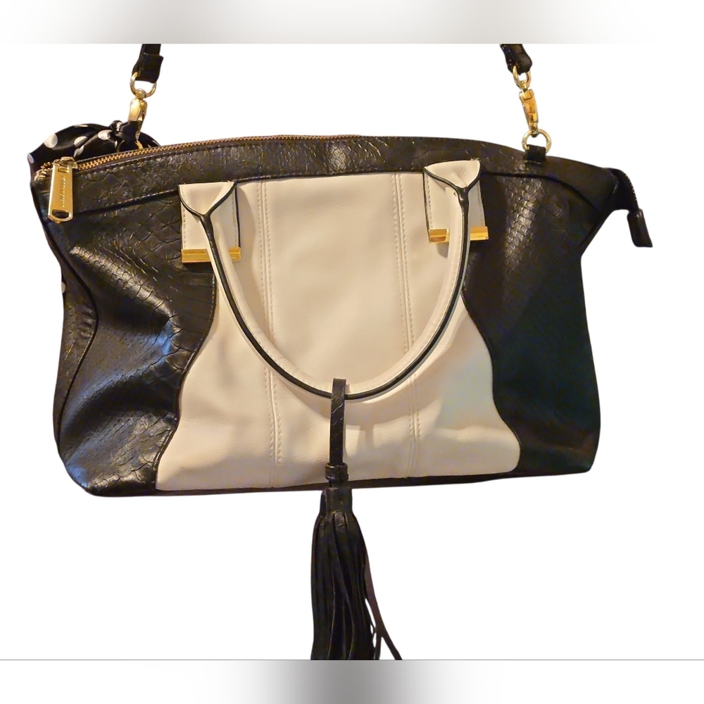 Steve Madden Black & White Python Embossed Satchel with Polka Dot Scarf - Picture 3 of 14